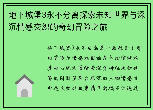 地下城堡3永不分离探索未知世界与深沉情感交织的奇幻冒险之旅